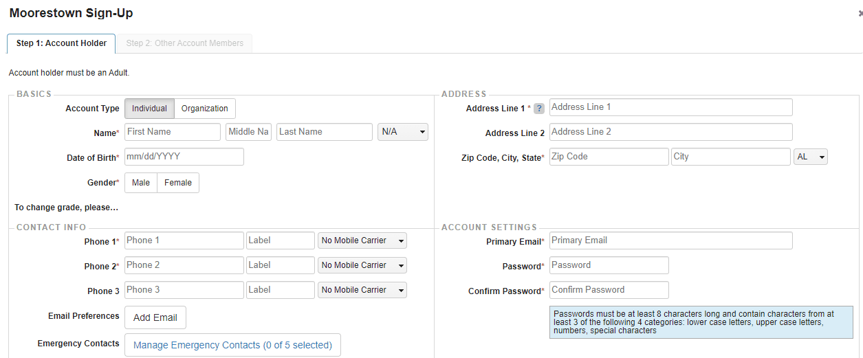 A screenshot of the Recreation registration setup. 